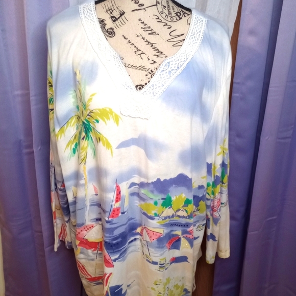 Alfred Dunner Tops - Alfred Dunner white & multicolored tropical beach design long sleeve jersey szlg